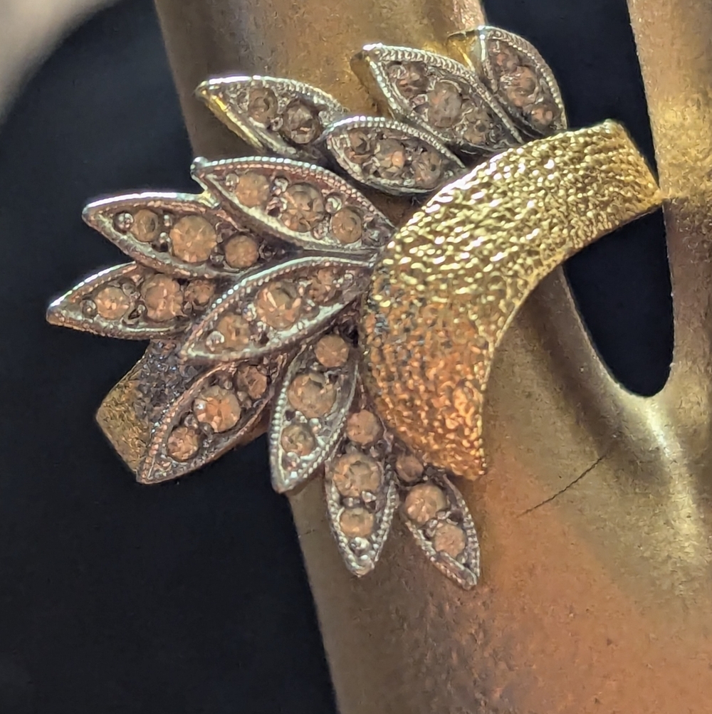 Panetta Vintage Ring Rhinestone Goldtone Silvertone Leaf Cocktail Party